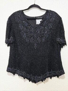 Vintage Papell Boutique Black Beaded 100% Silk Blouse - Gatsby-Glam - Size 2X
